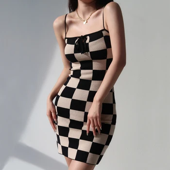 Жена Трикотажное Мини рокля в шахматна дъска модел С Завязками